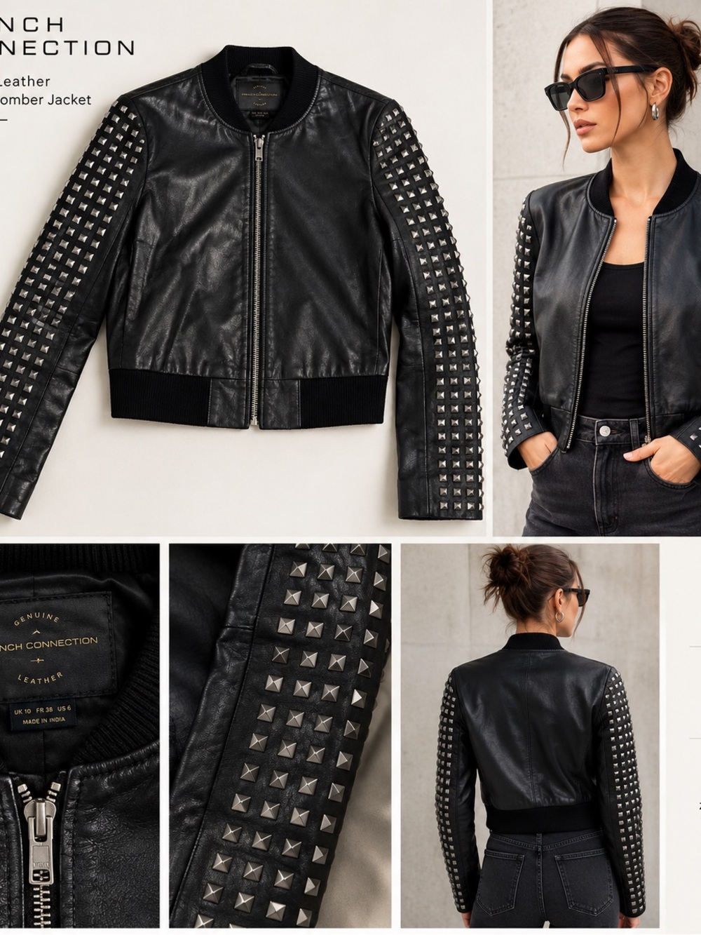 French Connection Black Studded Leather Bomber Jacket